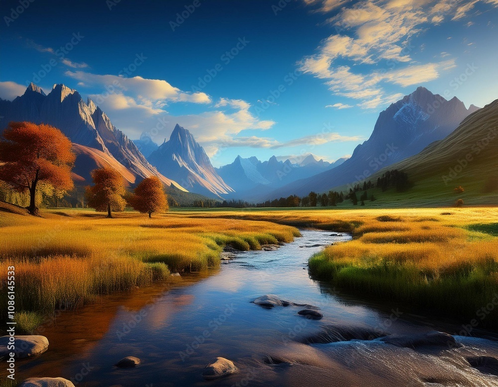 Fototapeta premium a river runs through a grassy plain with mountains in the background generative ai image