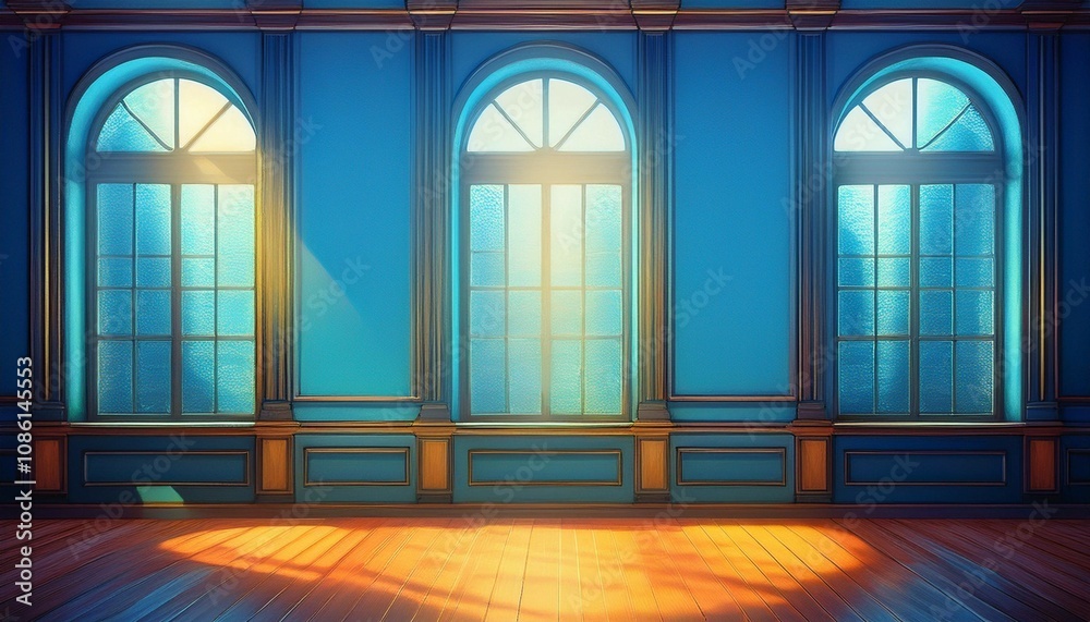 Fototapeta premium a room with three windows and a blue wall generative ai image