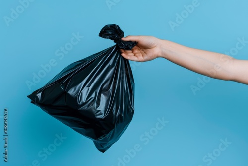 A woman's hand throwing away a black polyethylene garbage bag on an isolated blue background photo