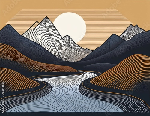 abstract mountain landscape with river minimalistic line art
