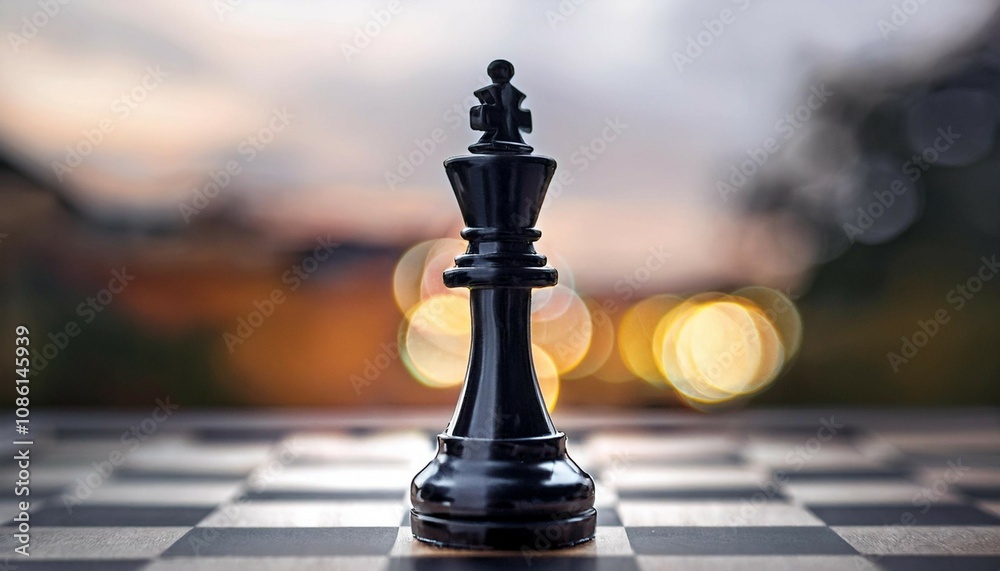black king chess piece on a chessboard with blurred background black king chess piece on a chessboard with blurred background