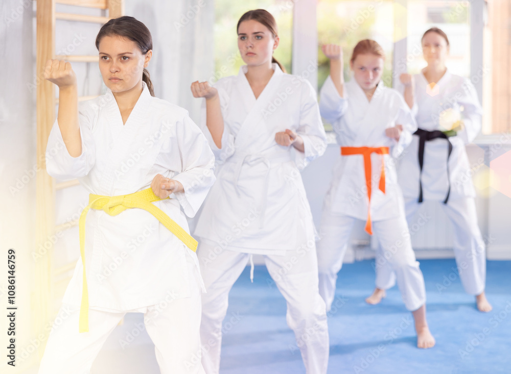 Concentrated teenage girl in white kimono practicing punches and blocks in gym during martial arts workout with female group. Shadow fight, combat sports training concept .. Concentrated teenage girl in white kimono practicing punches and blocks in gym during martial arts workout with female group. Shadow fight, combat sports training concept ..