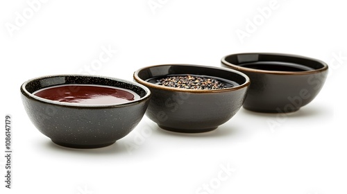 Bowls with various types of sauce isolated on white background