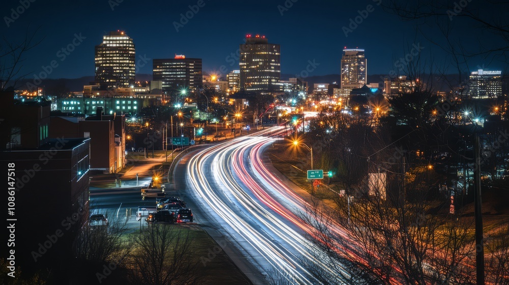 A long exposure shot of a highway at night with blurred lights from traffic and the city skyline in the distance. A long exposure shot of a highway at night with blurred lights from traffic and the city skyline in the distance.