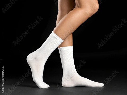 Mockup of two white cotton socks on a black background.