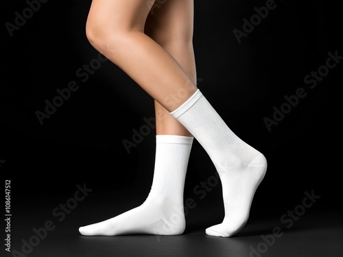 Mockup of two white cotton socks on a black background.