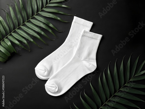 Mockup of two white cotton socks on a black background, surrounded by green tropical leaves for a natural aesthetic. Template for designs.
