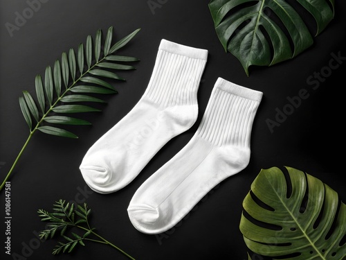 Mockup of two white cotton socks on a black background, surrounded by green tropical leaves for a natural aesthetic. Template for designs.