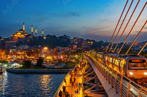 view of the cable-stayed metro bridge with a pedestrian path and the night cityscape of Istanbul, Turkey, the Golden Horn Bay and the architecture of the city photo