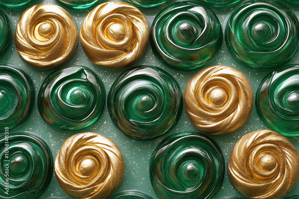 Luxury Abstract Decoration With Green And Gold Swirls, Shiny Rosettes, Patterns, And Textures. Luxury Abstract Decoration With Green And Gold Swirls, Shiny Rosettes, Patterns, And Textures.