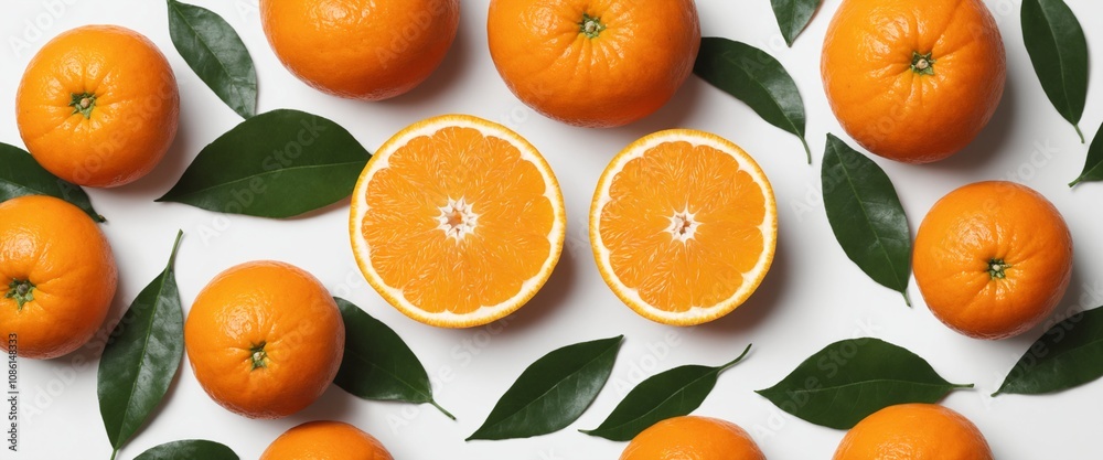 Fresh orange with green leaves on white. Food background. Top view Fresh orange with green leaves on white. Food background. Top view