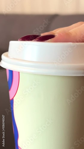 put a plastic lid on a paper cup of coffee photo