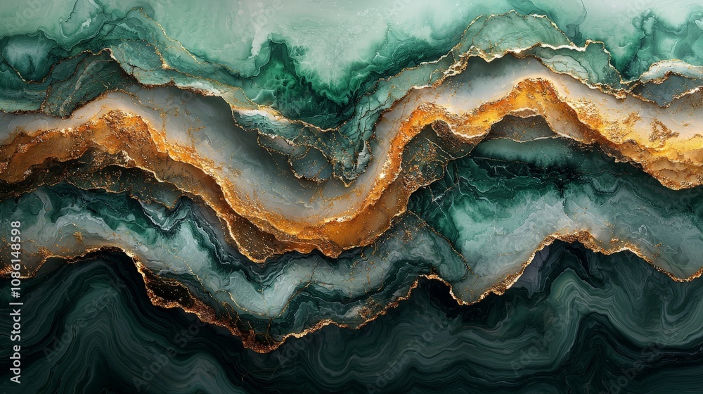 Abstract design featuring layered green and gold textures resembling natural stone formations. Abstract design featuring layered green and gold textures resembling natural stone formations.