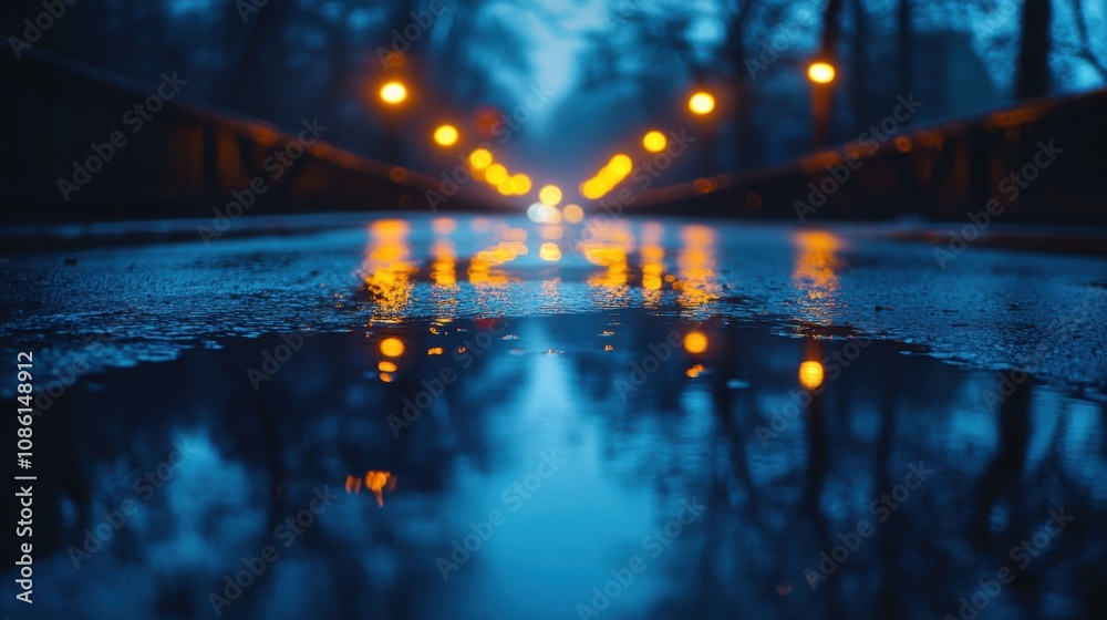 Fototapeta premium Wet road with lights reflecting in the water