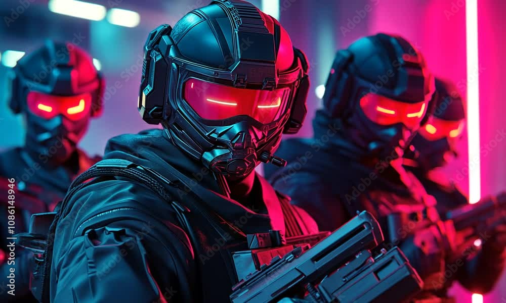 Futuristic Armed Soldiers in Tactical Gear with Neon Lighting, Ready for Action in a Sci-Fi Themed Environment
