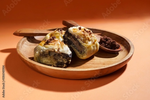 Banana bolen is made from banana and pastry skin and has chocolate and cheese filling. Served in wooden plate. Selective focus image. photo