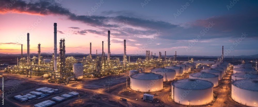 Obraz premium Modern industrial plant with big oil tanks. Aerial view