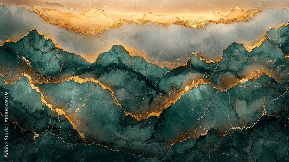 Abstract design featuring layered teal and gold textures resembling mountains. Abstract design featuring layered teal and gold textures resembling mountains.