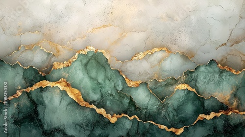 Abstract design featuring layered textures and gold accents resembling mountains.