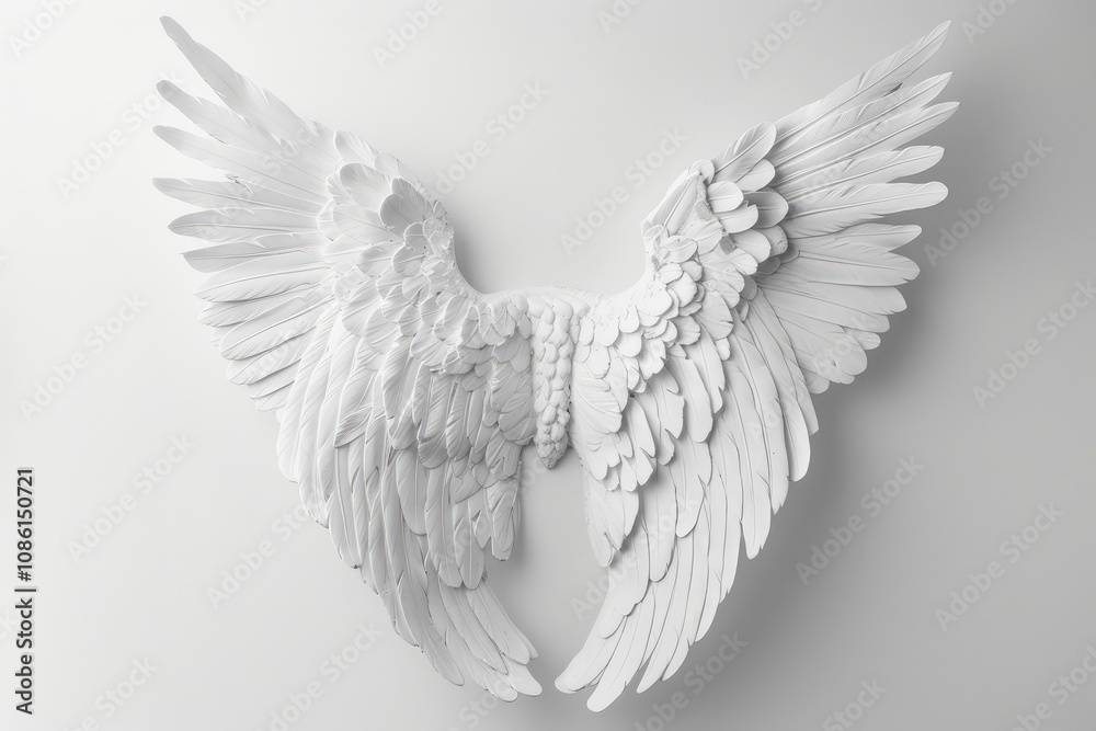 Obraz premium wings of a white ange with intricate details and patterns. The wings are spread wide open, creating a sense of freedom and grace. Scene is serene and ethereal