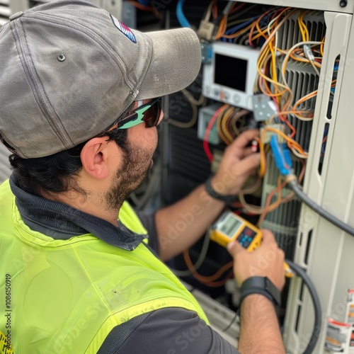 A skilled air conditioning technician performs maintenance on a cooling unit in a residential area. He carefully checks electrical connections and monitors system performance