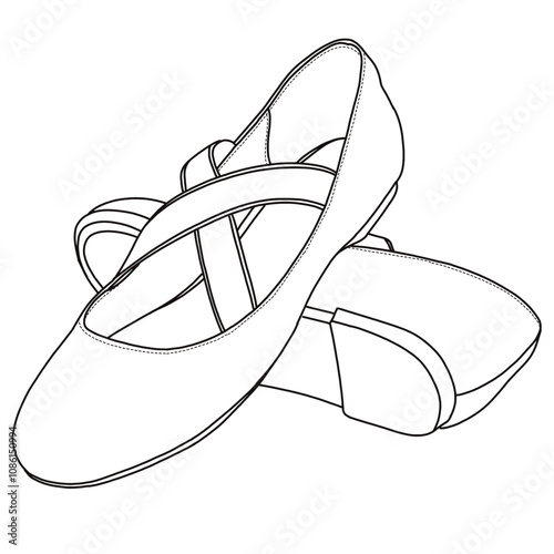 Women’s Ballet Flats with Strap, Flat Shoes Line art, Technical sketch hand drawing outline vector doodle front isometric 3D and bottom view isolated on white background