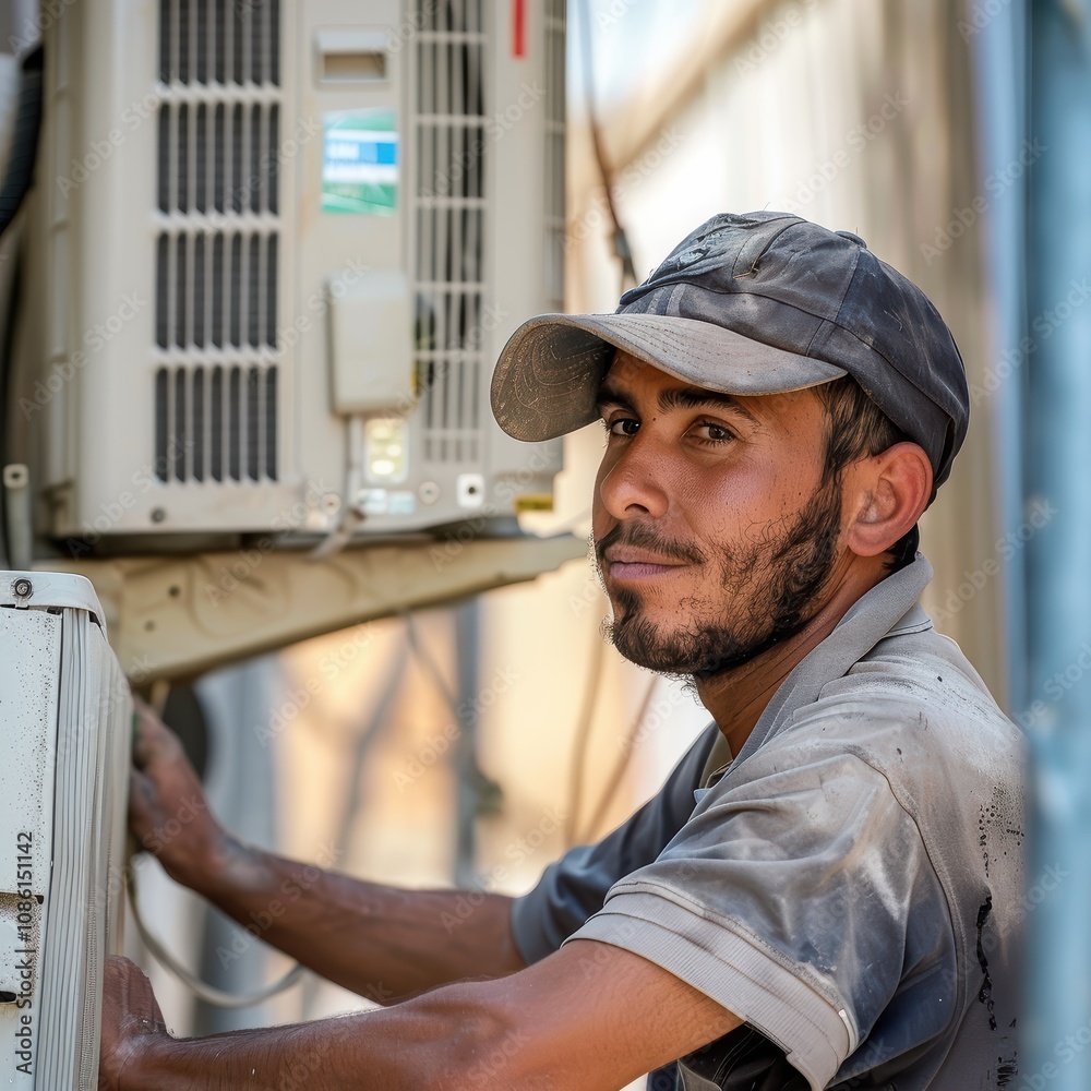An air conditioning technician is working diligently on a cooling unit outside a residential building during the hot summer. He focuses on maintaining the equipment An air conditioning technician is working diligently on a cooling unit outside a residential building during the hot summer. He focuses on maintaining the equipment