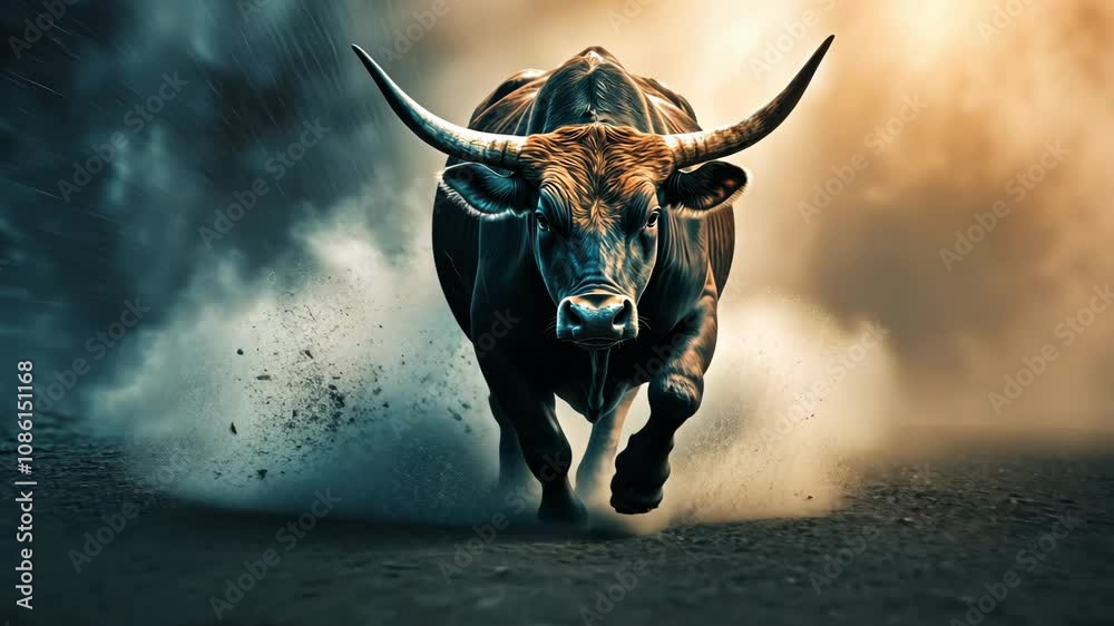 Powerful bull running under storm clouds