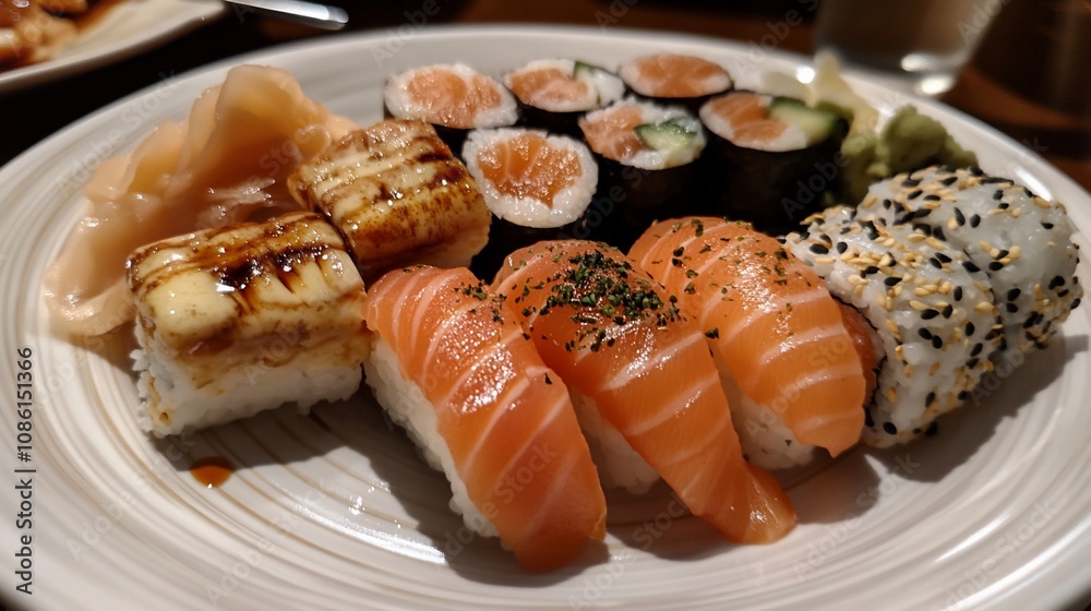 Assorted salmon sushi platter with maki, nigiri, and rolls. Assorted salmon sushi platter with maki, nigiri, and rolls.
