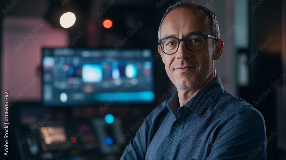 A man in a blue shirt and glasses is standing in front of a computer monitor. He is smiling and he is confident. Concept of professionalism and competence