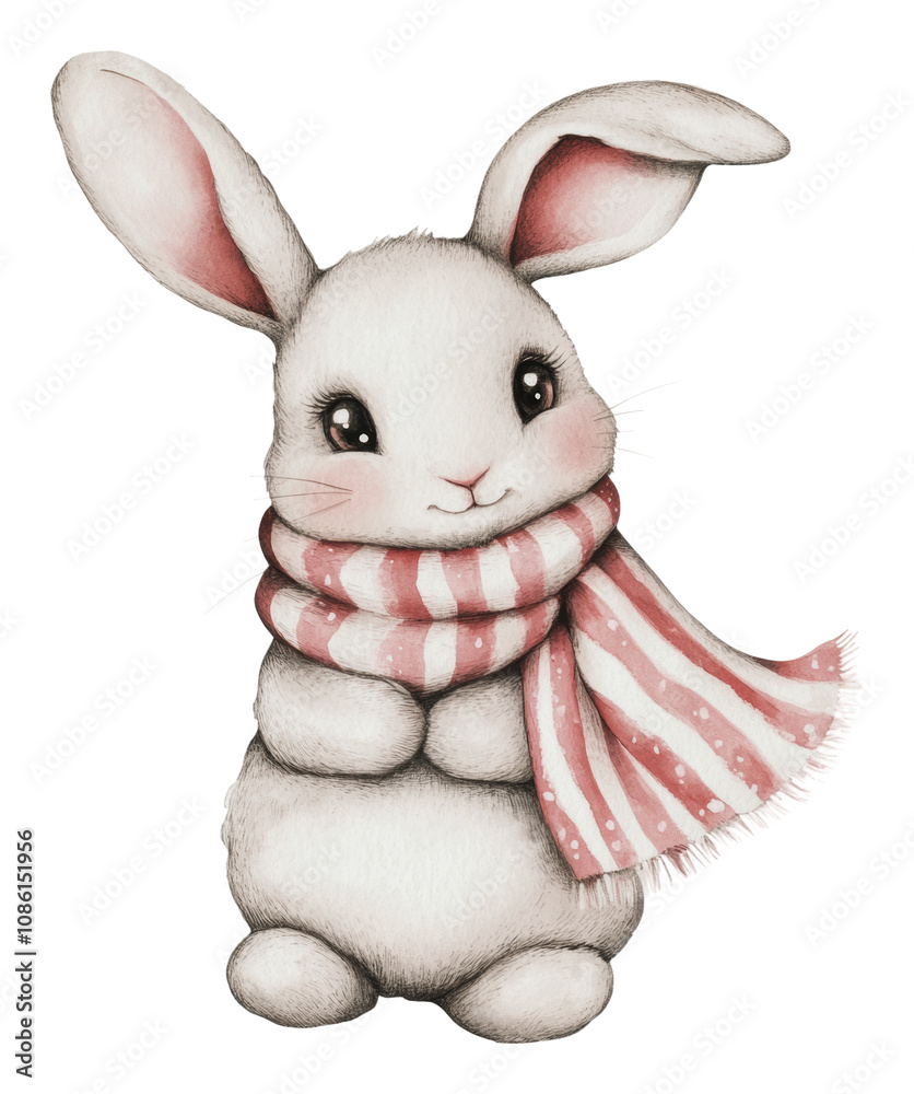 Obraz premium PNG Cute rabbit wearing a pink scarf in winter setting