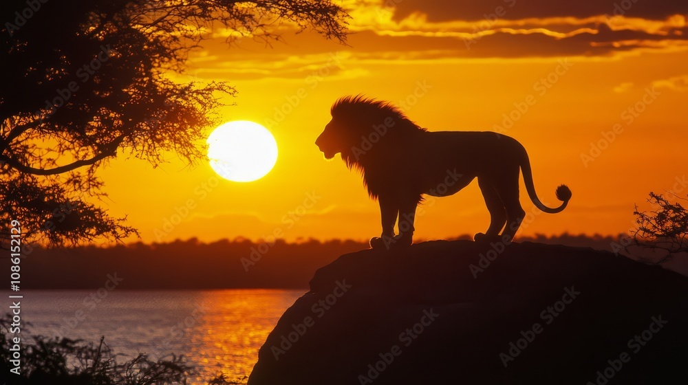 A majestic lion stands on a rock against the backdrop of a vibrant sunset. A majestic lion stands on a rock against the backdrop of a vibrant sunset.