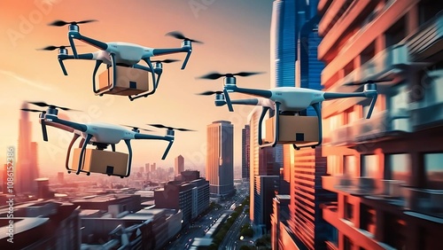 utonomous Delivery Drones Soaring Over a Busy Cityscape, Representing Speed and Innovation in E-Commerce. photo