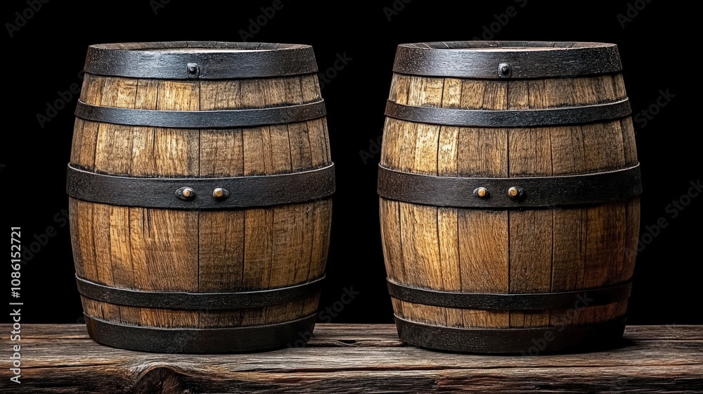 Rustic Wooden Barrels on a Dark Background Rustic Wooden Barrels on a Dark Background