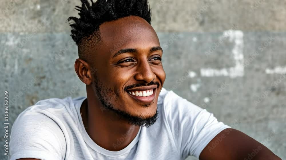 A dark-skinned man with a short, stylish haircut sits against a textured gray wall A dark-skinned man with a short, stylish haircut sits against a textured gray wall