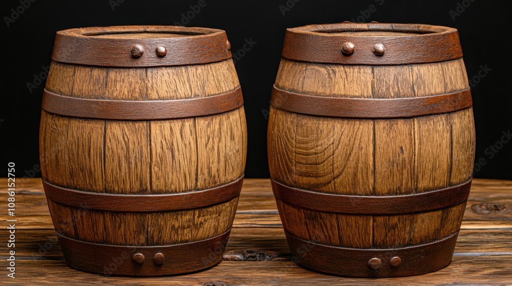Rustic Wooden Barrels on a Dark Wooden Table Rustic Wooden Barrels on a Dark Wooden Table