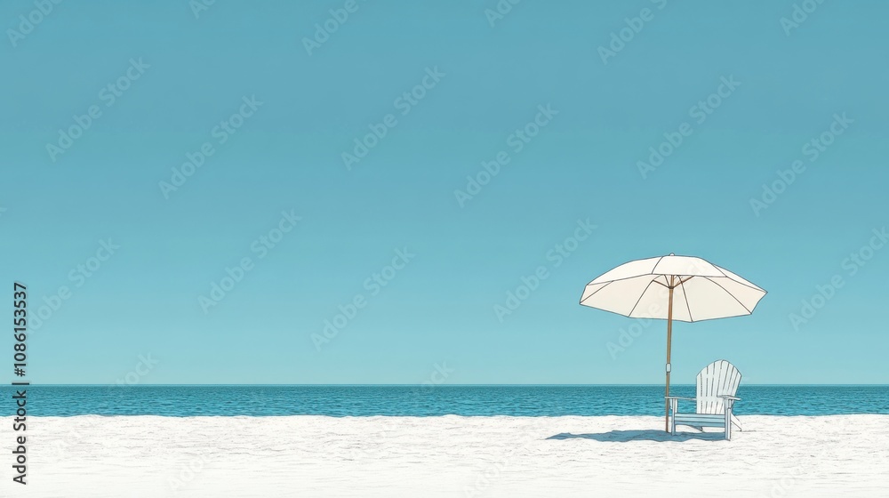 White umbrella and two chairs on the beach, travel White umbrella and two chairs on the beach, travel