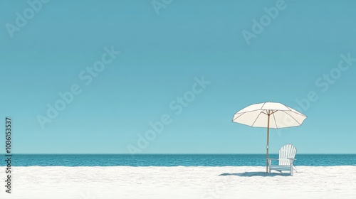 White umbrella and two chairs on the beach, travel