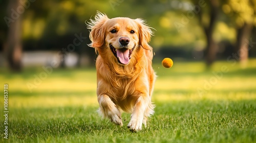 A dog playing fetch in a grassy field