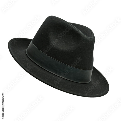 Black Fedora Hat Side View on Transparent Background
