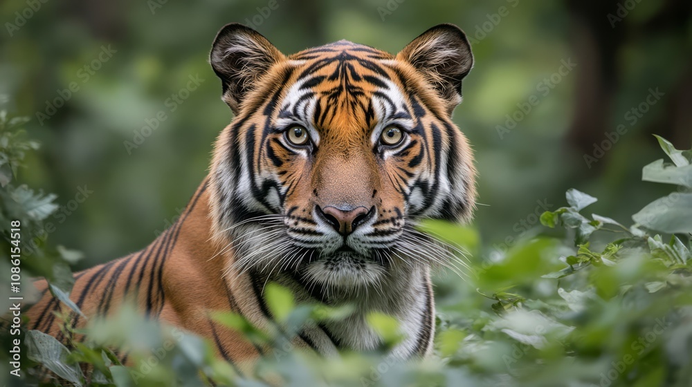 A majestic tiger stares intently at the camera from within a lush green jungle. A majestic tiger stares intently at the camera from within a lush green jungle.