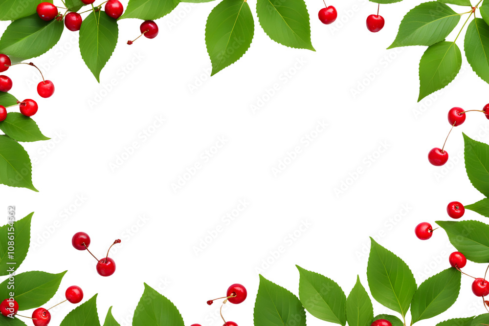 Fototapeta premium Cherry and leaf border transparent background