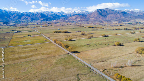 Wallpaper Mural landscape in the mountains, aerial view, country road, diagonal, farm fields, Fall season, plots, perspective, high Torontodigital.ca
