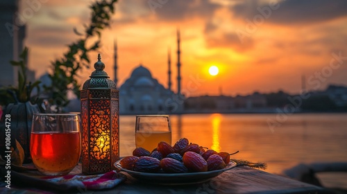 A warm sunset view with dates, juice, and a lantern on the table, blurred mosque and serene lake completing the peaceful composition. photo