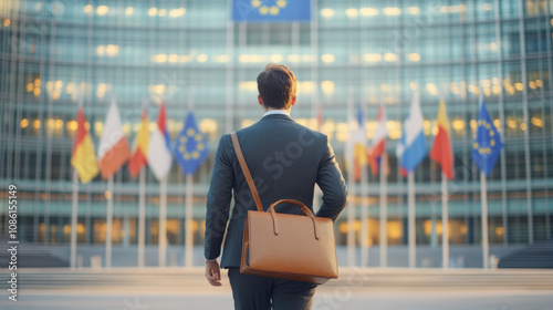 A man in a suit with a briefcase stands outside a building adorned with multiple national flags, possibly indicating an international or governmental setting.