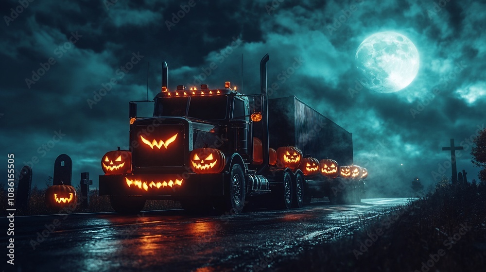 Spooky Halloween night scene with a big rig truck and jack-o'-lanterns.