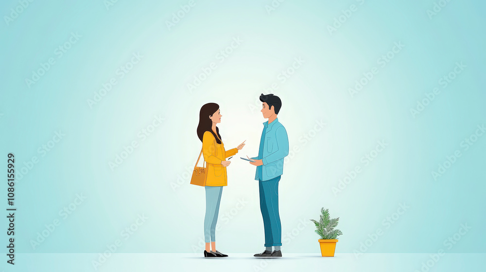 A man and woman engage in conversation, holding notebooks, with a small potted plant nearby on a minimalistic blue background. A man and woman engage in conversation, holding notebooks, with a small potted plant nearby on a minimalistic blue background.