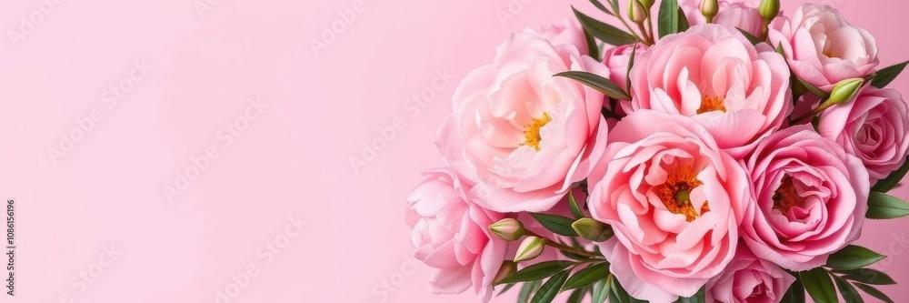 Obraz premium Fresh pink peonies and roses arranged in a beautiful bunch with space for text, copy space, roses