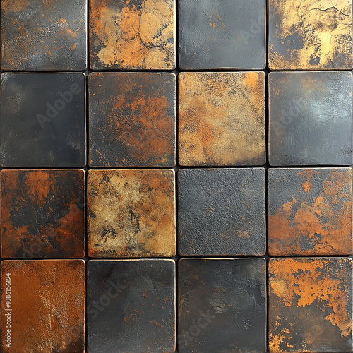 Distressed metallic tile with an aged, worn look, ideal for creating an industrial or rustic atmosphere in any interior.