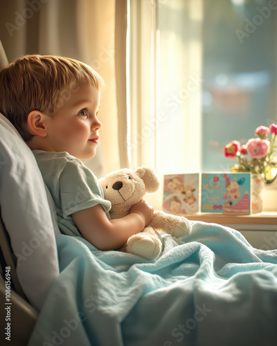 A child with a plush toy in a hospital room looks out the window